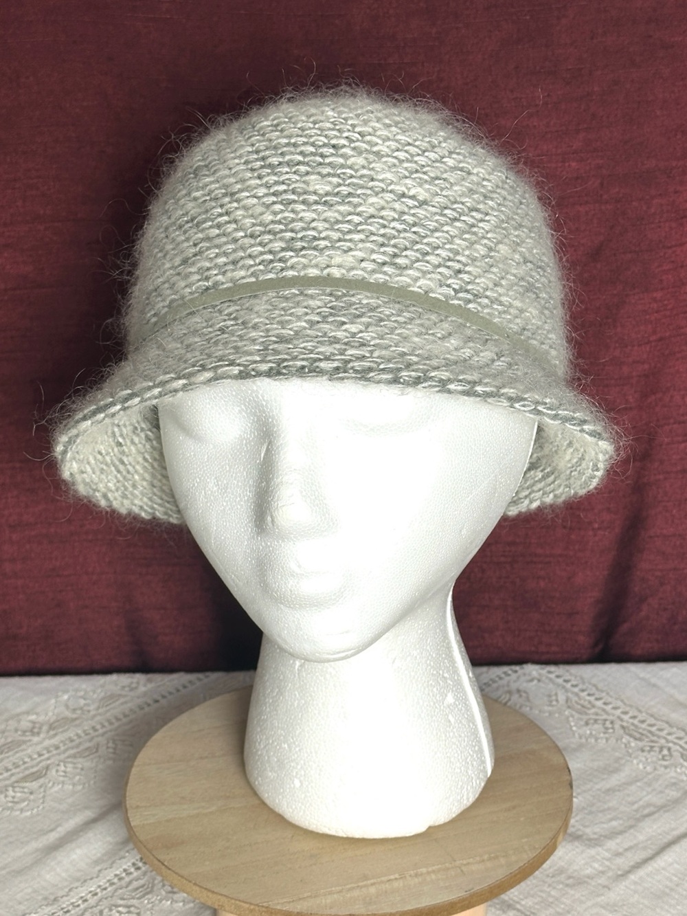 🩶 Scala Pronto Wool Blend Knit Cloche Hat Vintage Style Bow 57cm